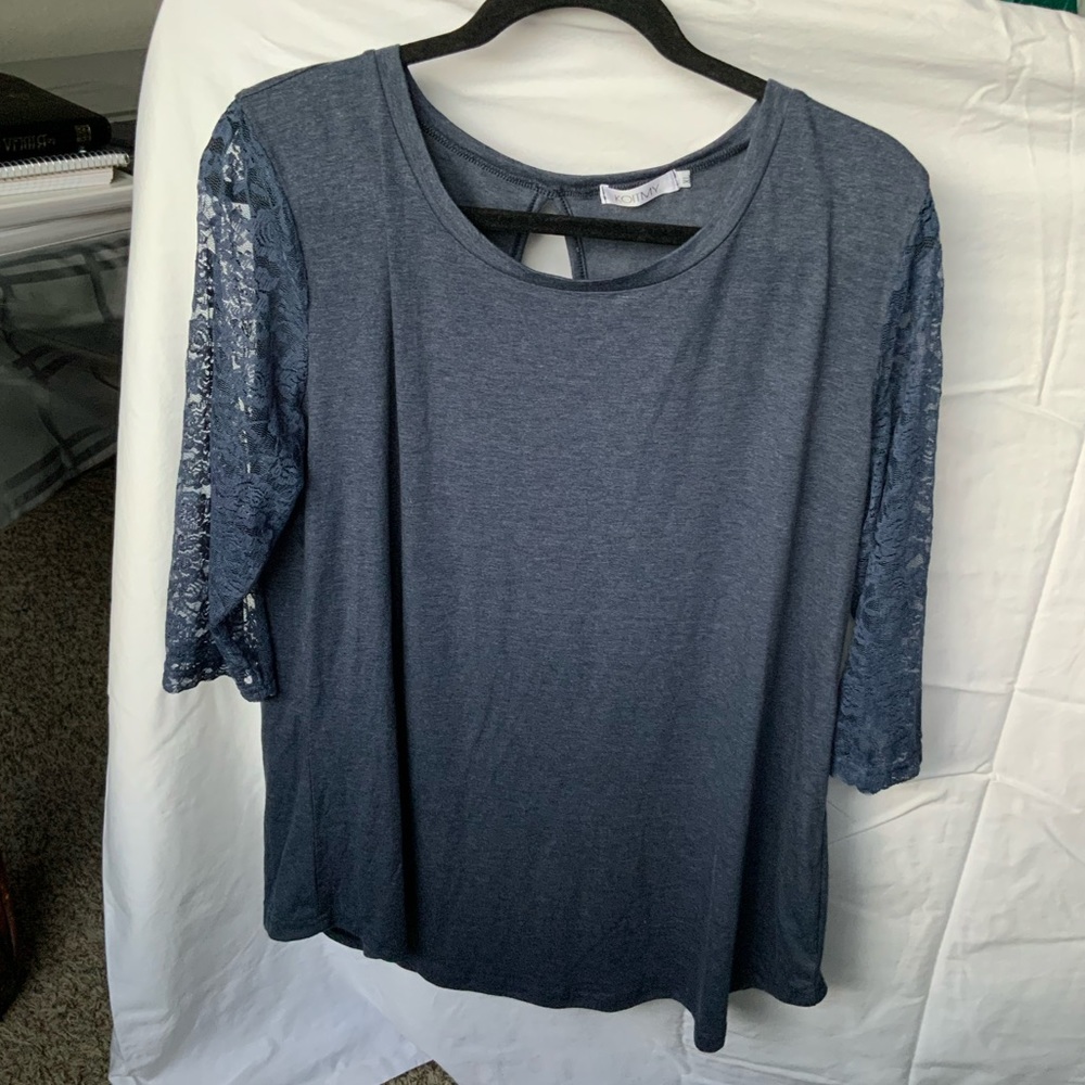 Koitmy Blue Shirt with Flower Design on Sleeves